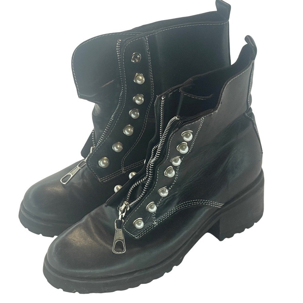 Steve‎ Madden Granite Black Leather Zipper Lug Sole Ankle Boots Women's 9.5